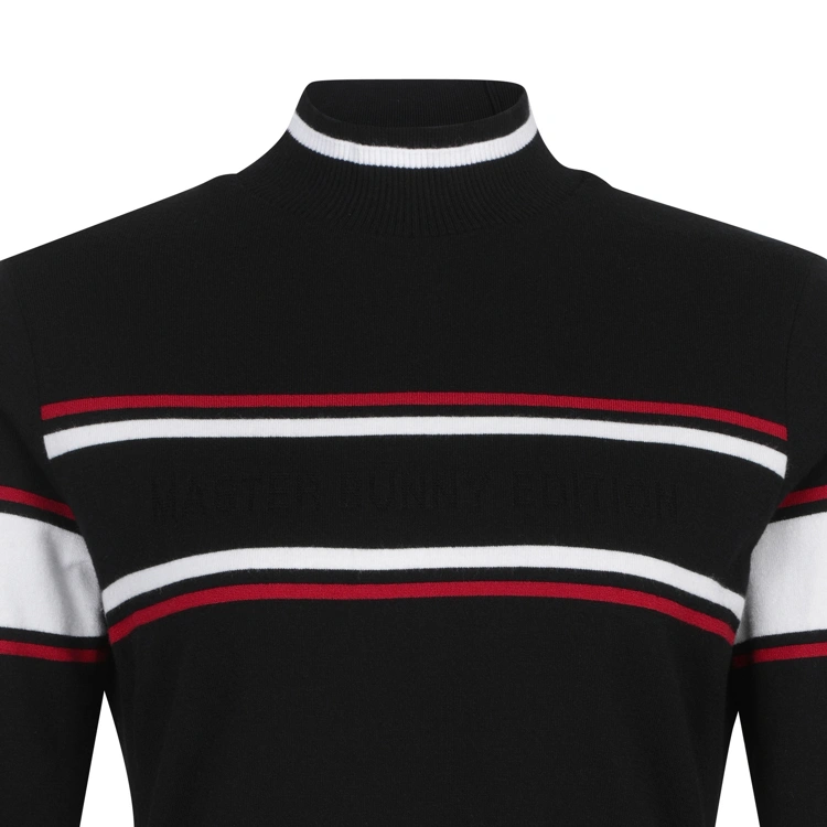 Áo knit golf nữ cổ cao tay dài phối kẻ màu đen — ảnh 4