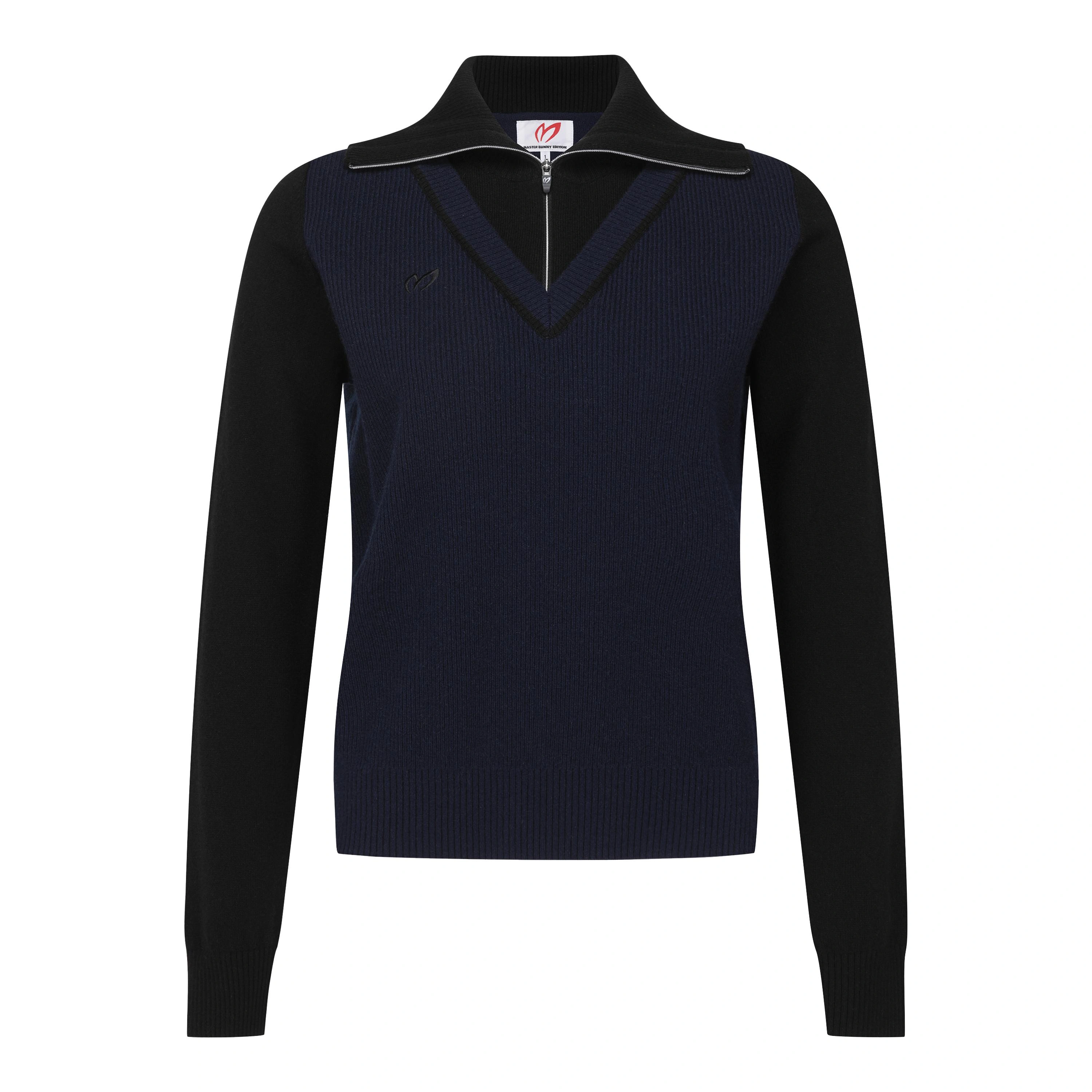Áo knit golf nữ cổ tim phối màu xanh navy và đen — ảnh 2