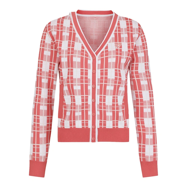 Áo khoác knit golf nữ họa tiết ca-rô màu cam san hô — ảnh 2
