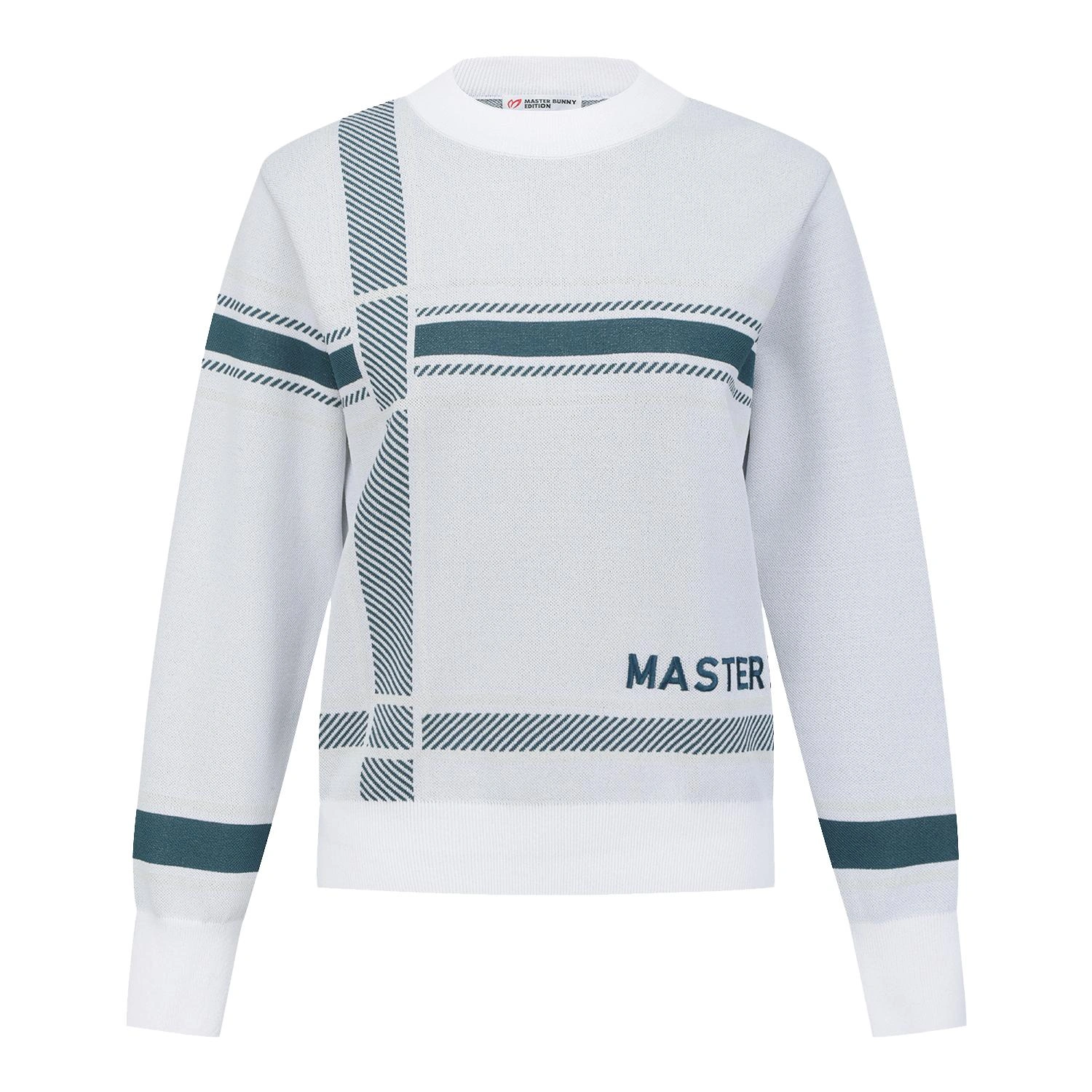 Áo knit golf nữ phối họa tiết kẻ xanh trắng — ảnh 2