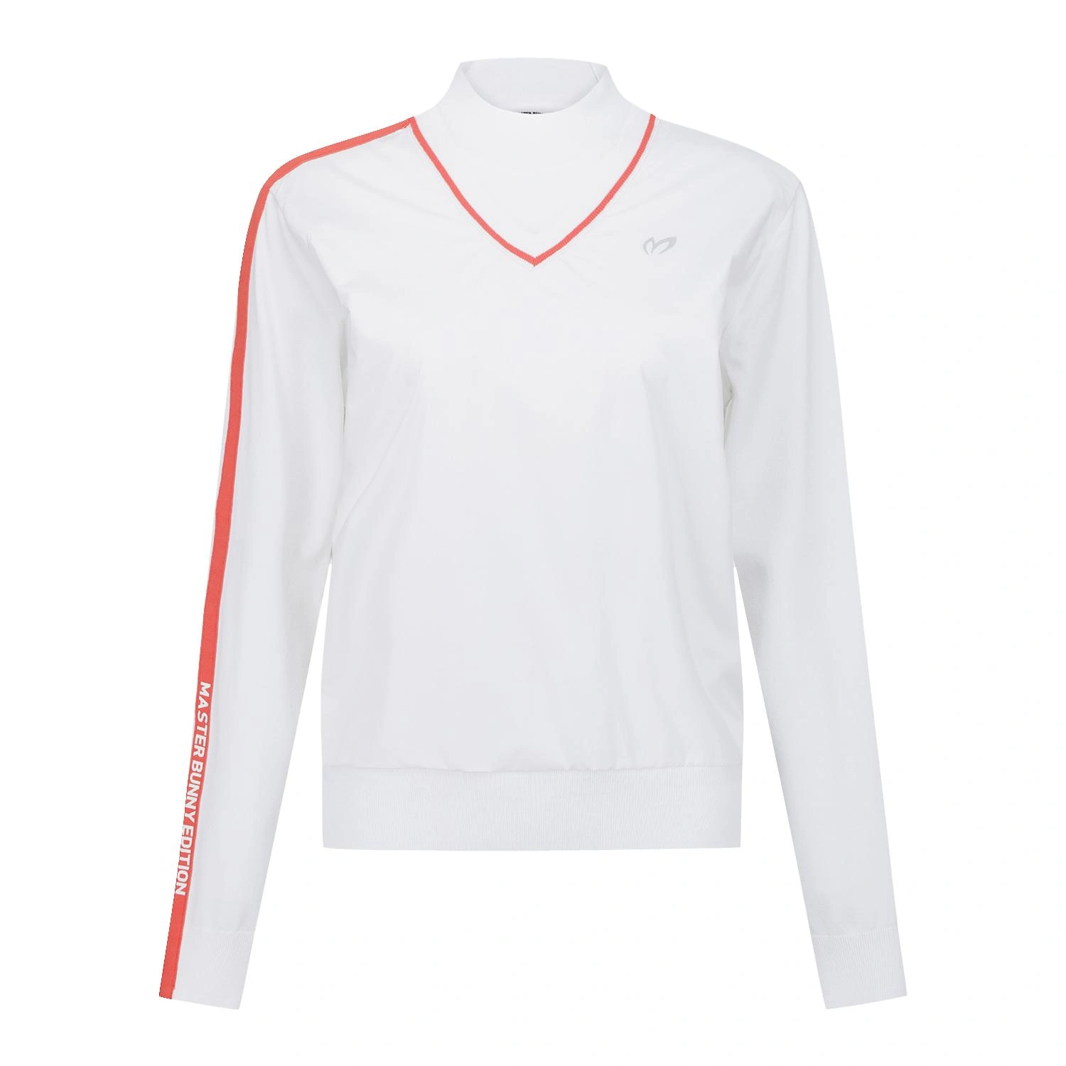 Áo knit golf nữ Master Bunny Edition màu trắng phối cổ V viền đỏ, tay dài có viền đỏ dọc tay
