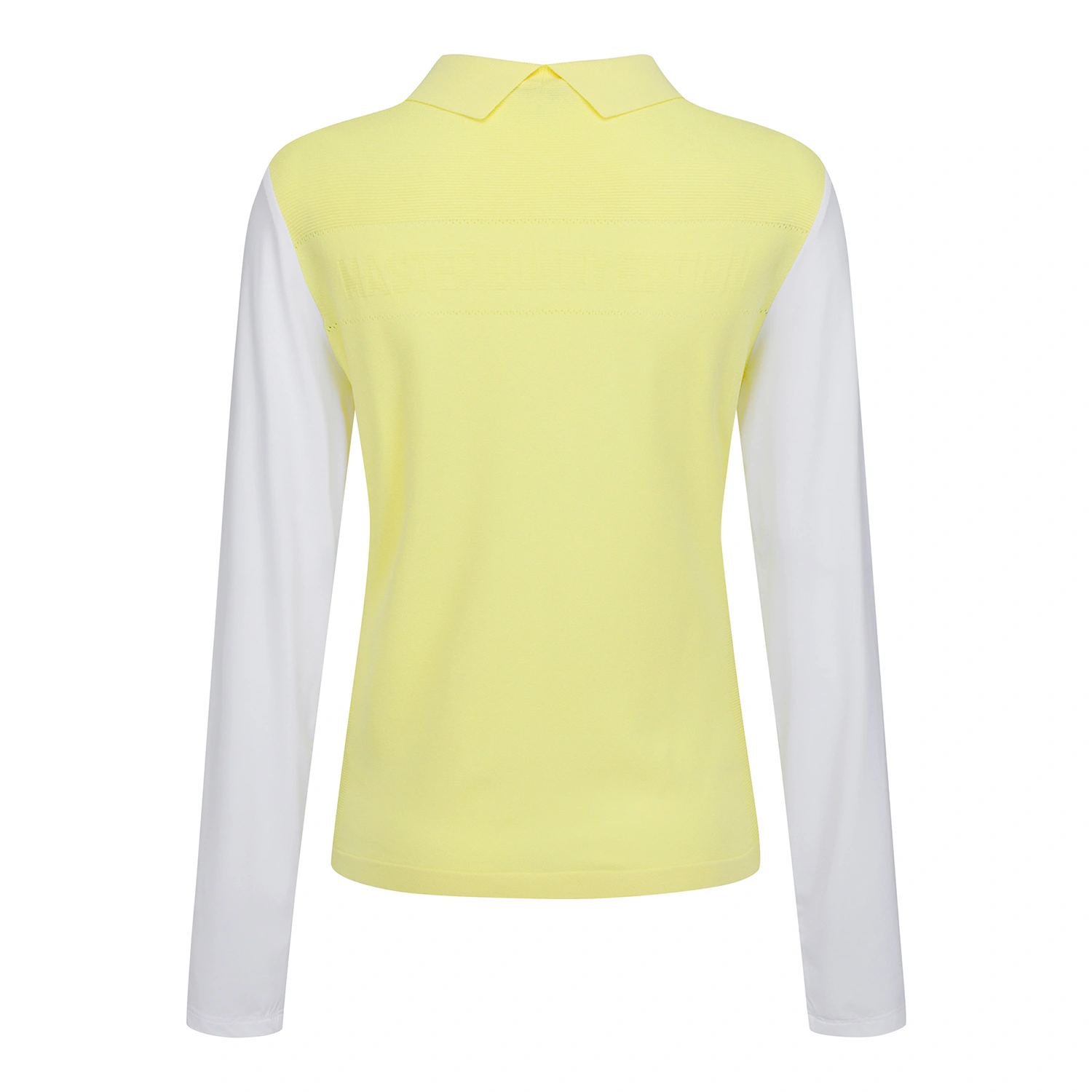Áo knit golf nữ cổ bẻ tay dài phối trắng vàng — ảnh 2