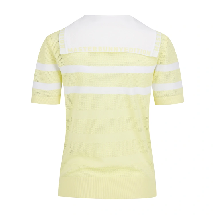 Áo knit golf nữ tay ngắn cổ V sọc trắng vàng — ảnh 2