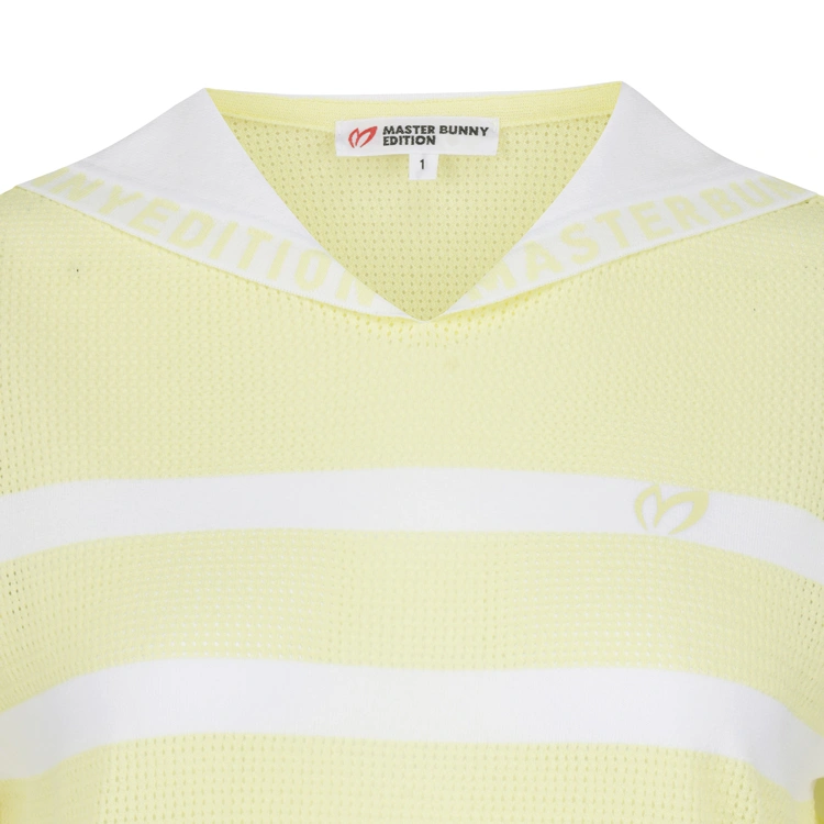 Áo knit golf nữ tay ngắn cổ V sọc trắng vàng — ảnh 3
