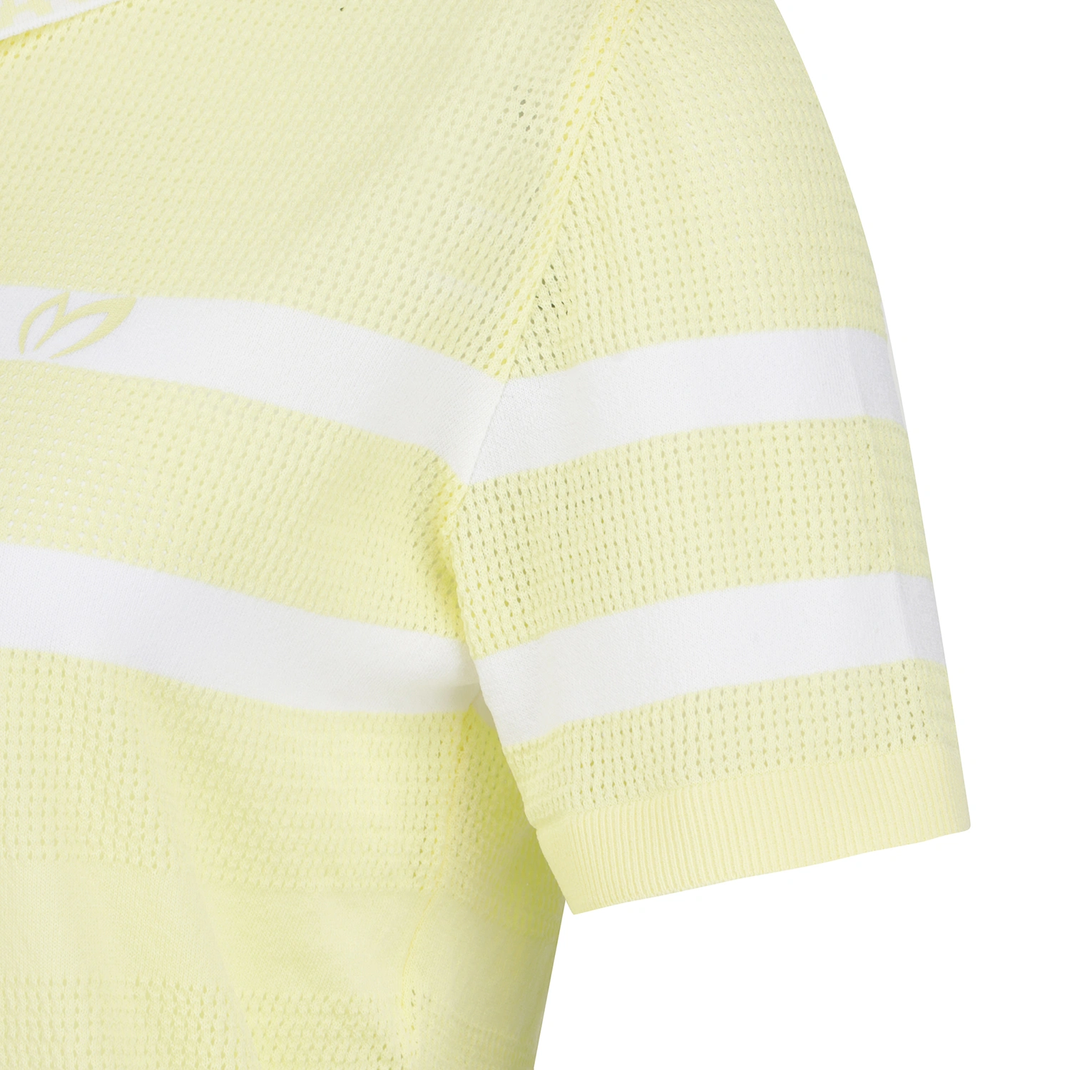 Áo knit golf nữ tay ngắn cổ V sọc trắng vàng — ảnh 4
