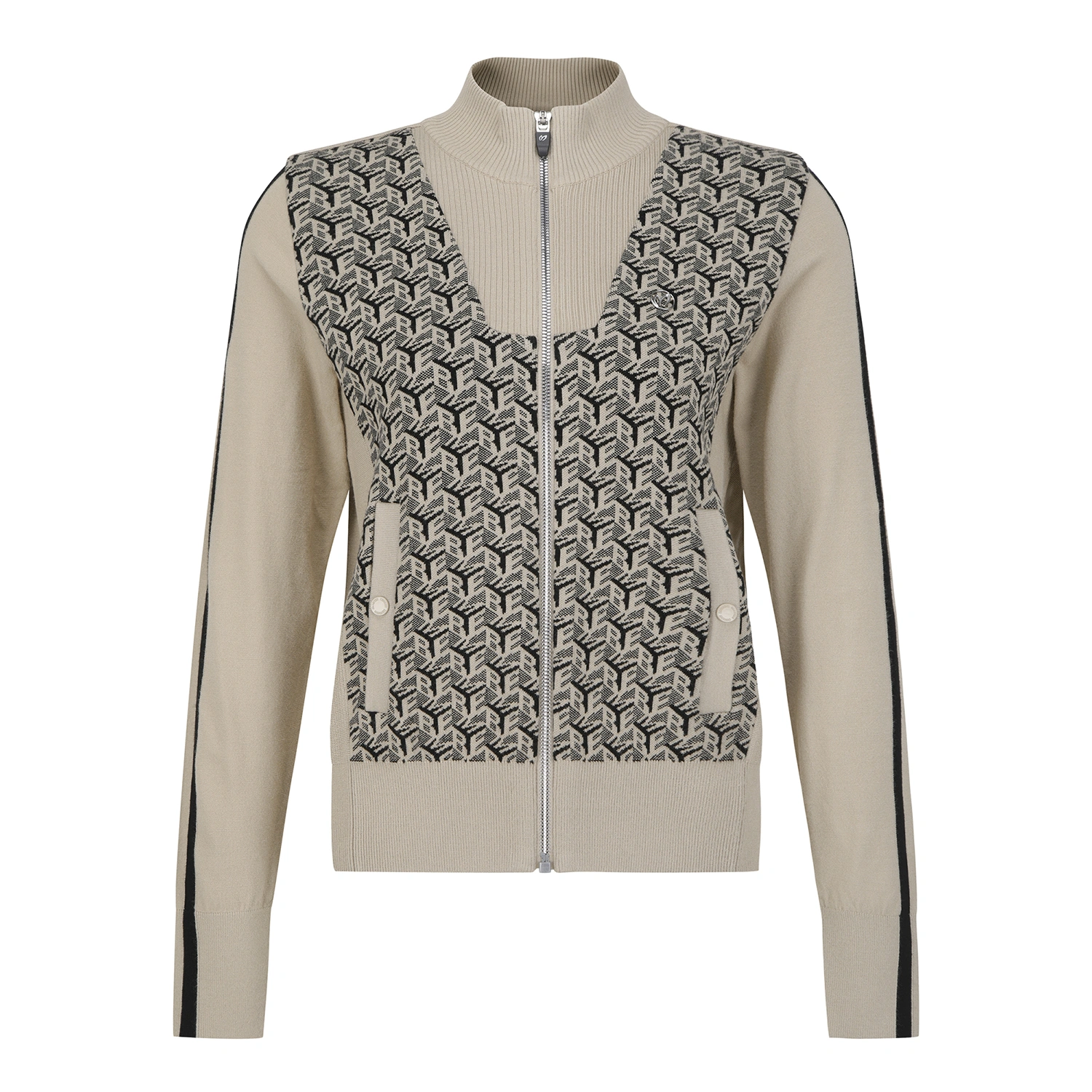 Áo knit golf nữ màu be cổ đứng khóa kéo họa tiết monogram Master Bunny Edition