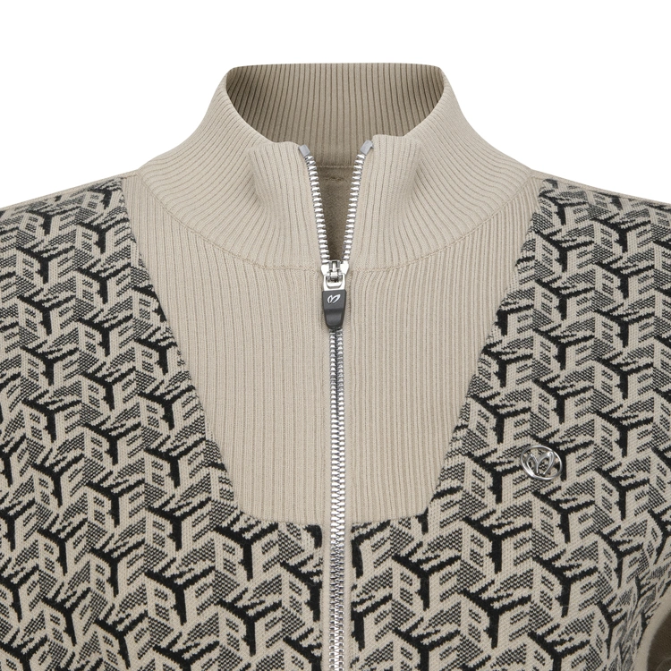 Áo knit golf nữ cổ đứng họa tiết Monogram màu be — ảnh 3