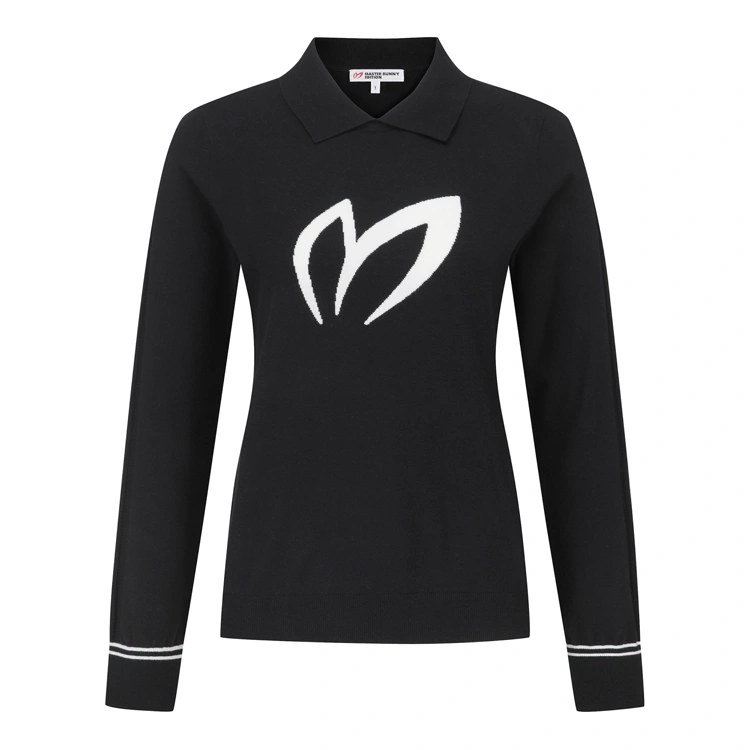 Áo knit golf nữ cổ bẻ họa tiết logo màu đen — ảnh 2