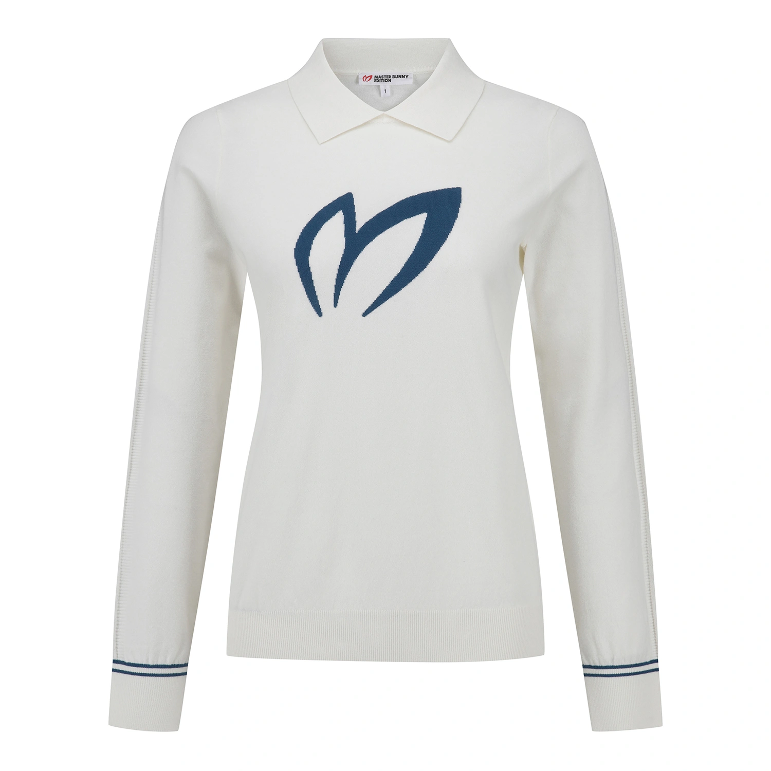 Áo knit golf nữ Master Bunny Edition màu ngà cổ bẻ tay dài viền kẻ màu xanh navy