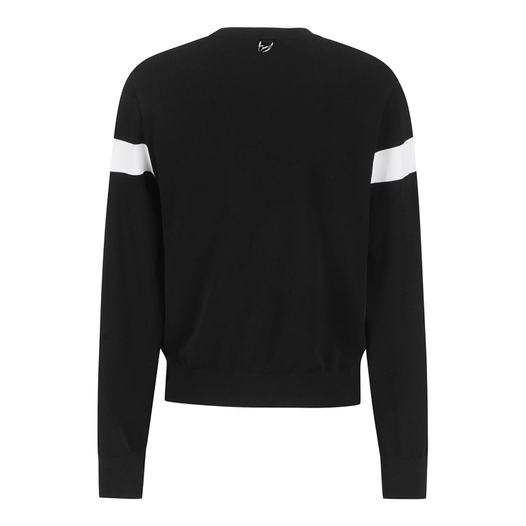 Áo knit golf nữ cổ tim phối sọc trắng màu đen — ảnh 2