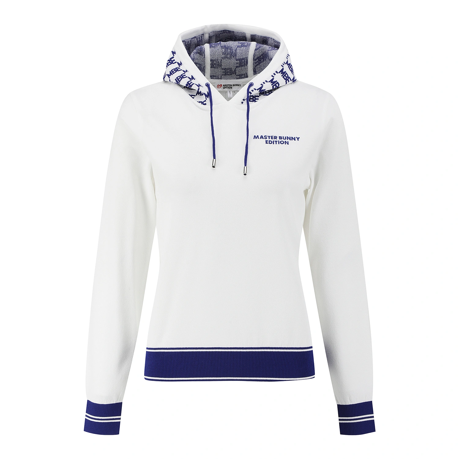 Áo knit golf nữ Master Bunny Edition màu trắng phối mũ hoodie và viền xanh navy