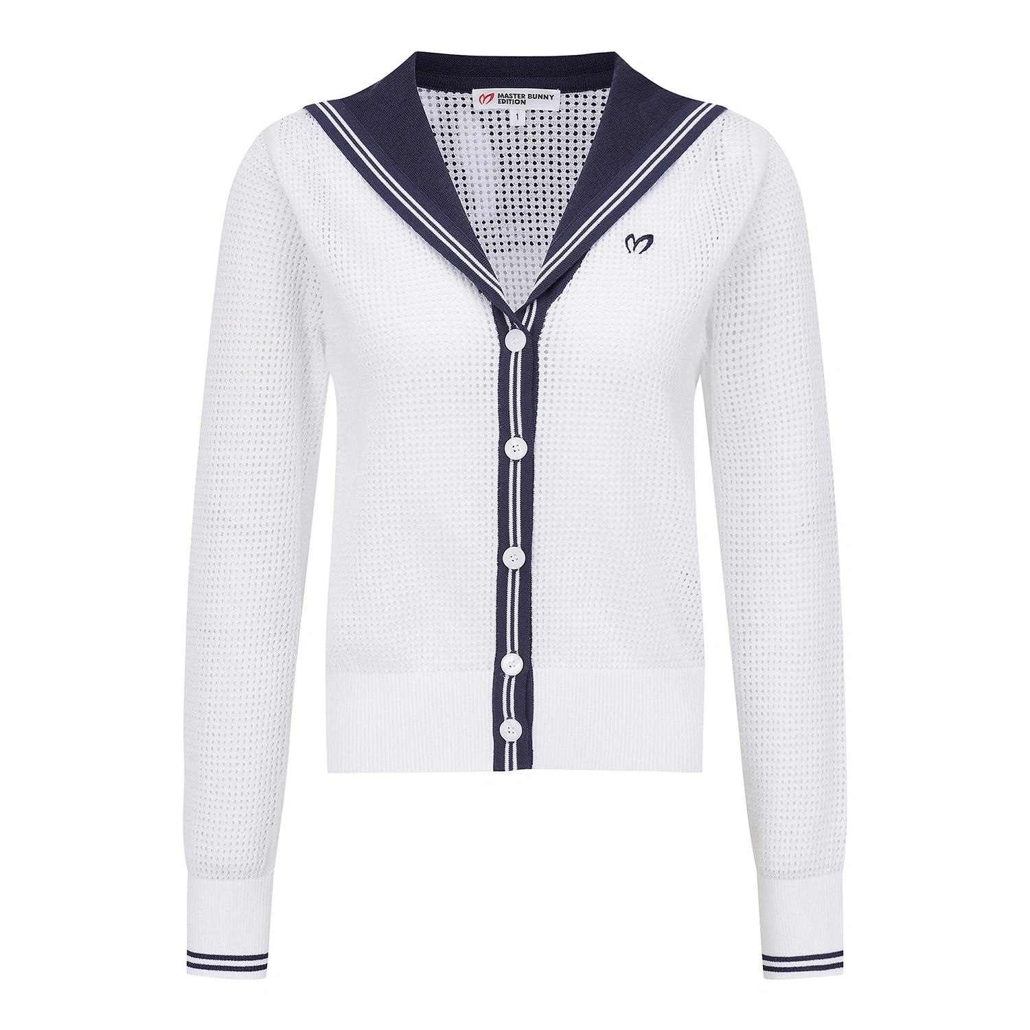 Áo knit golf nữ cổ thủy thủ phối viền xanh navy trắng — ảnh 2