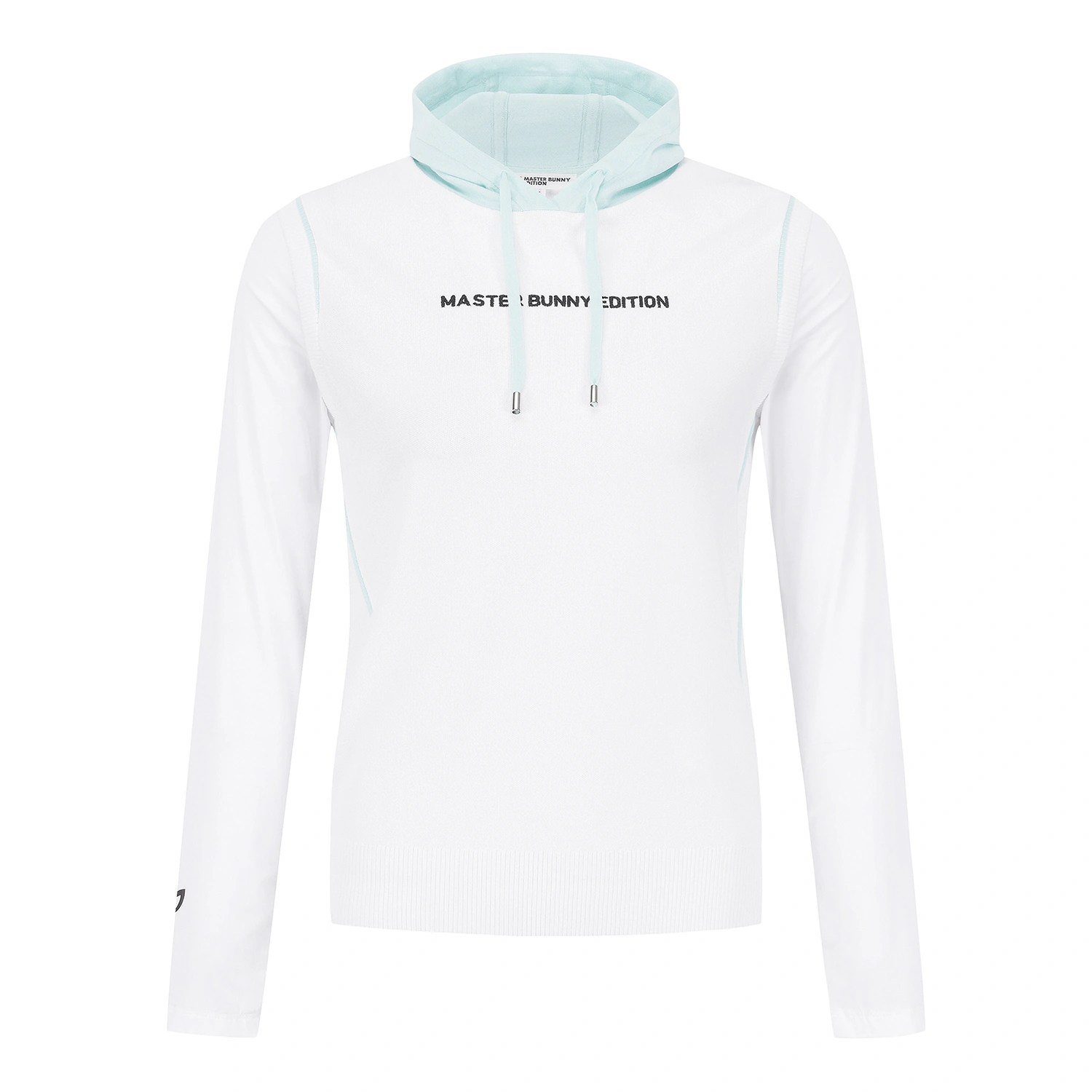 Áo knit golf nữ Master Bunny Edition màu trắng có mũ xanh pastel, tay dài, logo in ngực