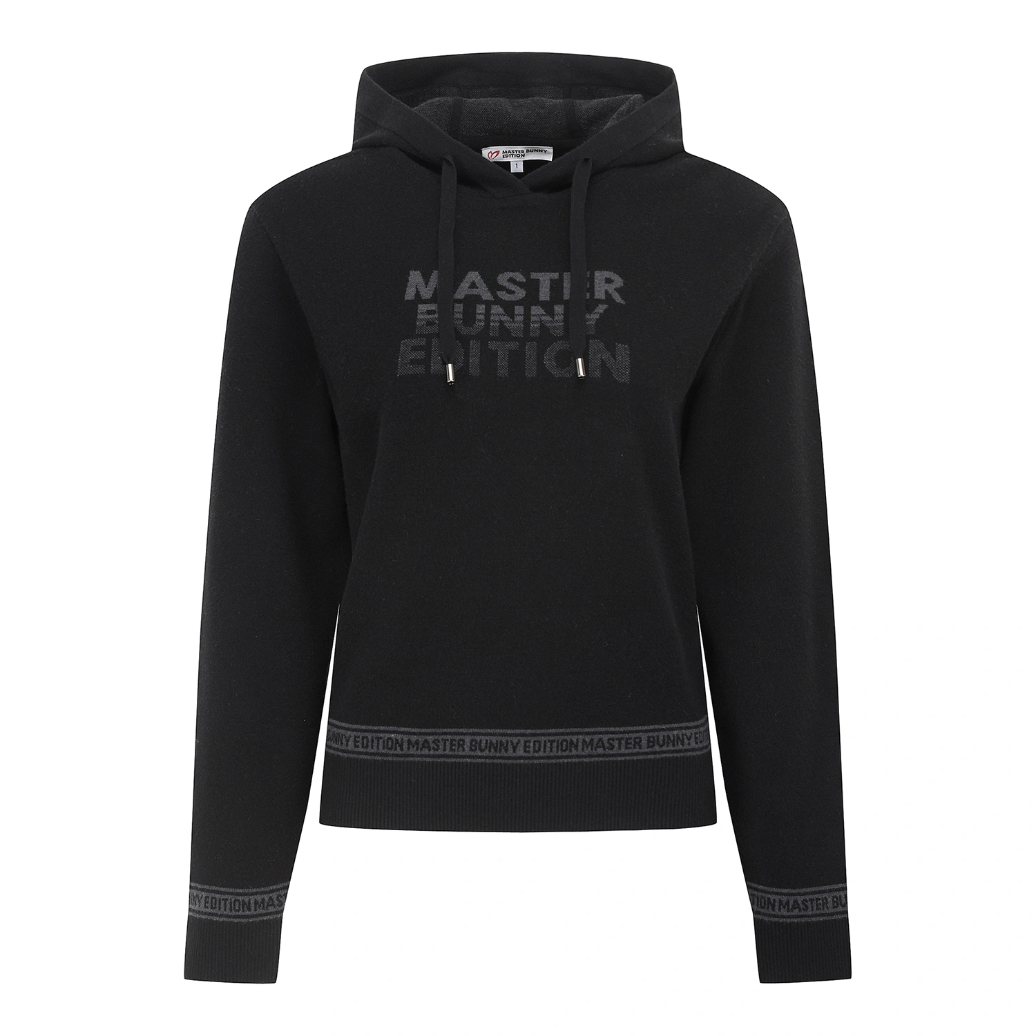 Áo knit golf nữ Master Bunny Edition màu đen, tay dài, cổ nón có dây rút, logo thương hiệu in phía trước