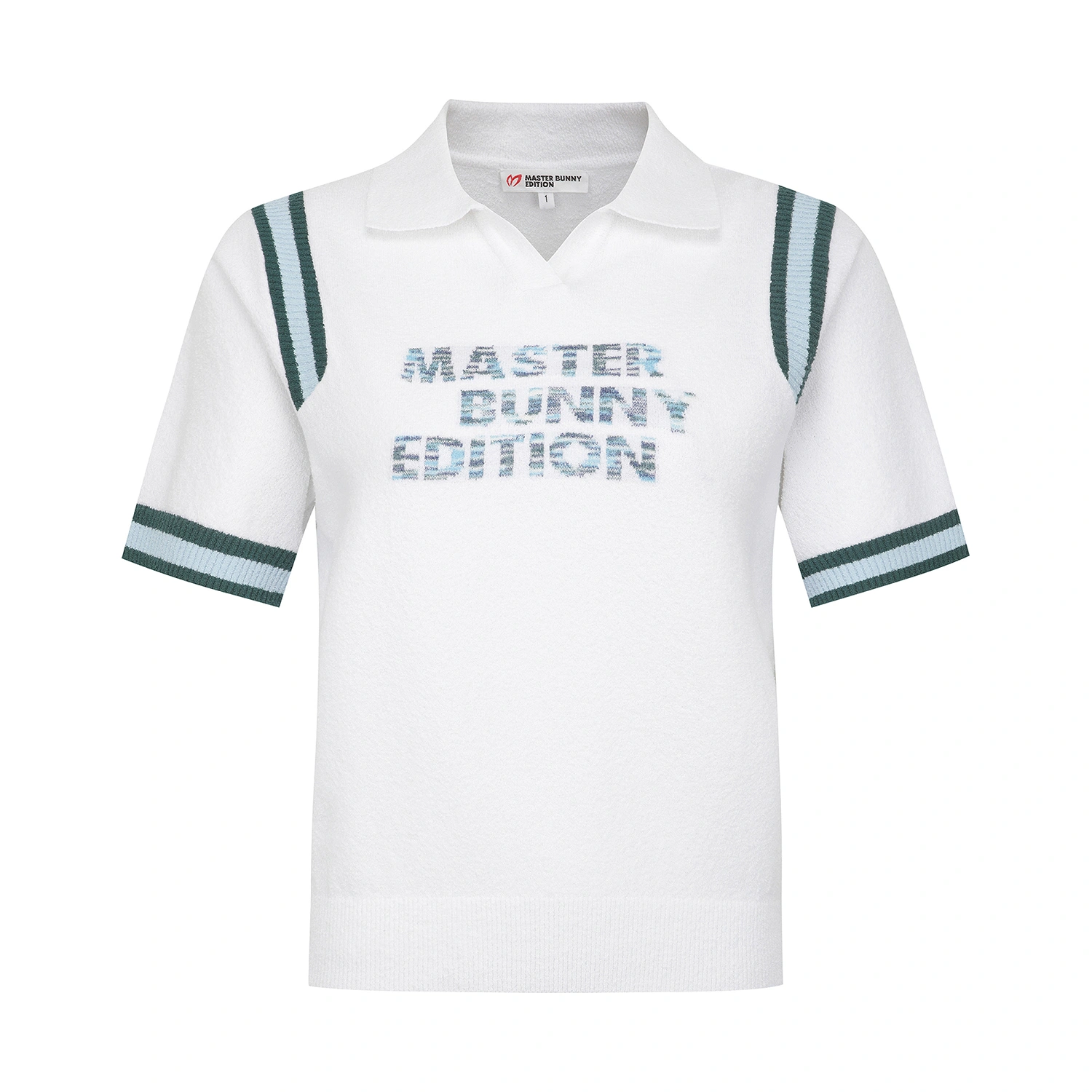 Áo knit golf nữ trắng Master Bunny Edition cổ bẻ tay lửng phối viền xanh dọc tay và viền tay áo