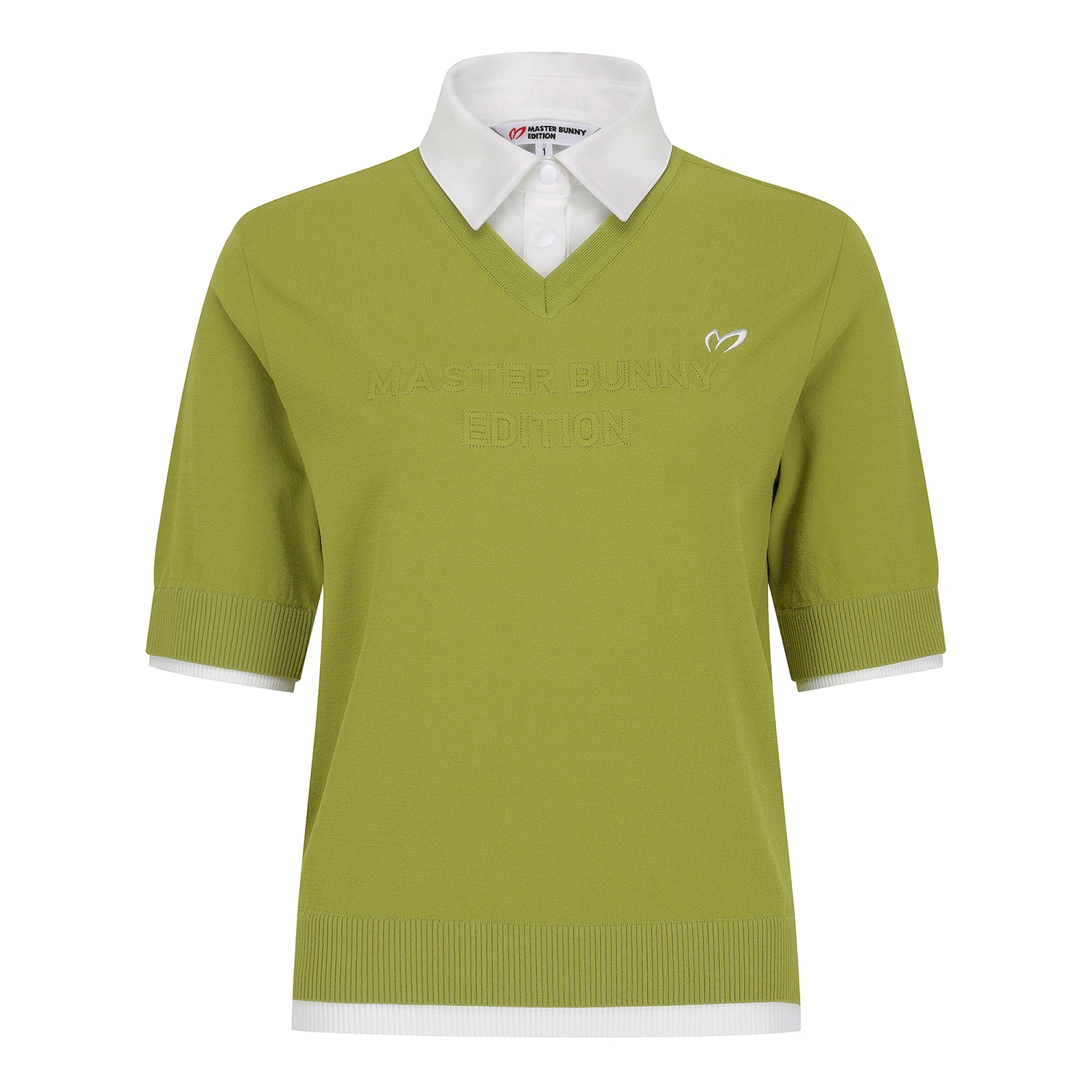 Áo knit golf nữ tay ngắn cổ tim màu xanh lá — ảnh 2