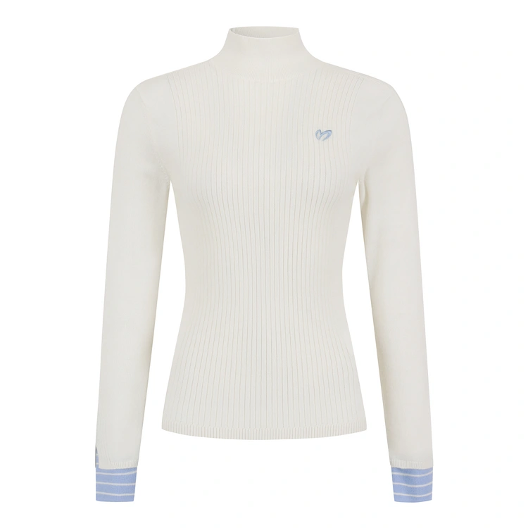 Áo knit golf nữ cổ lọ tay dài phối viền xanh trắng — Master Bunny Edition | Seoul Golf Fashion