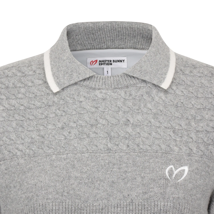 Áo knit golf nữ cổ bẻ phối viền trắng màu xám — ảnh 3