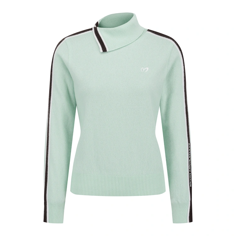 Áo knit golf nữ cổ cao phối viền kẻ màu xanh mint — Master Bunny Edition | Seoul Golf Fashion