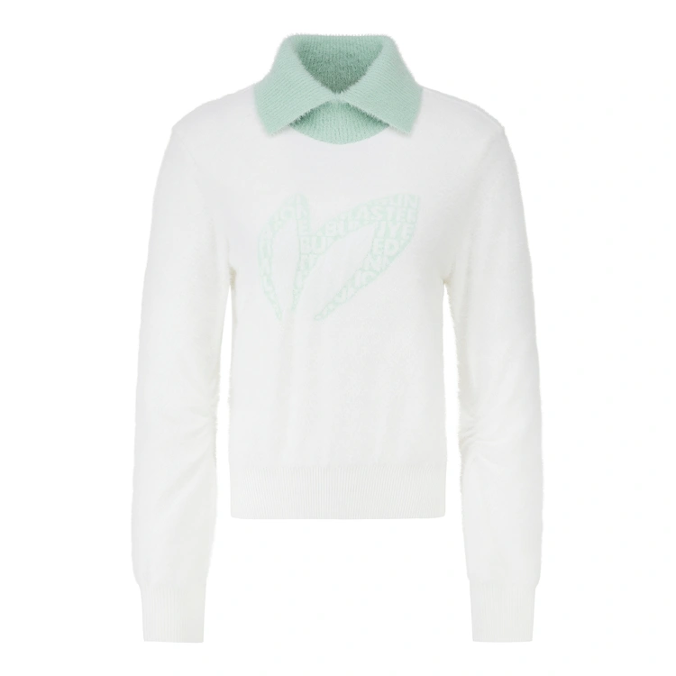 Áo knit golf nữ cổ phối xanh nhạt màu trắng — Master Bunny Edition | Seoul Golf Fashion