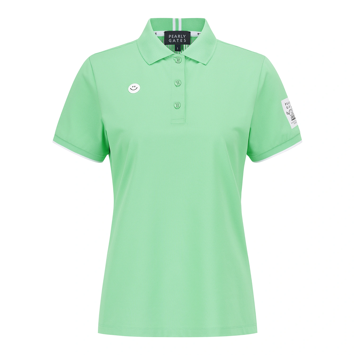 Áo polo golf nữ tay ngắn màu xanh lá Pearly Gates có logo mặt cười và tem nhãn trên tay áo